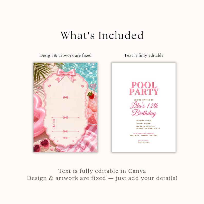 May include: A digital invitation template set featuring a scalloped-edge card with a pink bow and pool-themed background, alongside a white card with pink text reading POOL PARTY, YOU'RE INVITED TO Lila's 12th Birthday, and event details.