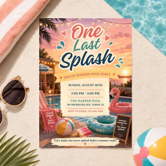 End of Summer Pool Party Invitation, One Last Splash Sunset Pool Party, Editable Canva Template, Back to School Pool Party, Instant Download