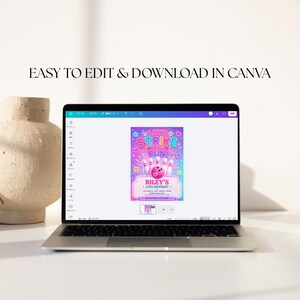 May include: A laptop screen displaying a digital bowling-themed birthday invitation template in Canva. The design features a pink bowling ball, white pins, stars, and hearts with the text LET'S STRIKE UP SOME FUN! and RILEY'S 10TH BIRTHDAY.