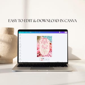 May include: A laptop screen displaying a digital pool party invitation template in Canva. The invitation features a pink theme with a bow, strawberries, and text reading POOL PARTY, Lila's 12th Birthday. The text EASY TO EDIT & DOWNLOAD IN CANVA is visible.