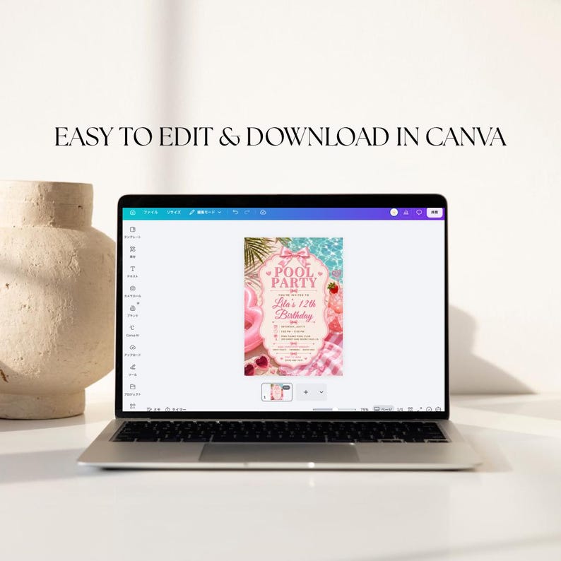 May include: A laptop screen displaying a digital pool party invitation template in Canva. The invitation features a pink theme with a bow, strawberries, and text reading POOL PARTY, Lila's 12th Birthday. The text EASY TO EDIT & DOWNLOAD IN CANVA is visible.