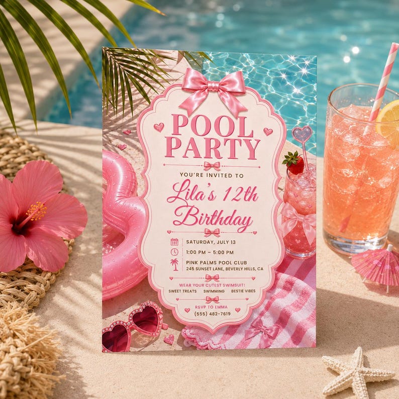 May include: A rectangular pool party invitation card for Lila's 12th birthday featuring a pink bow at the top, pink text, and decorative heart icons. The card details include the date, time, location, and RSVP information on a light background.