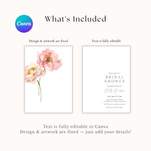 Pu&ograve; includere: Un design di invito per un addio al nubilato con fiori ad acquerello nei toni del rosa e del crema. L'invito include il testo "BRIDAL SHOWER" e i dettagli dell'evento. Il design &egrave; completamente modificabile in Canva.