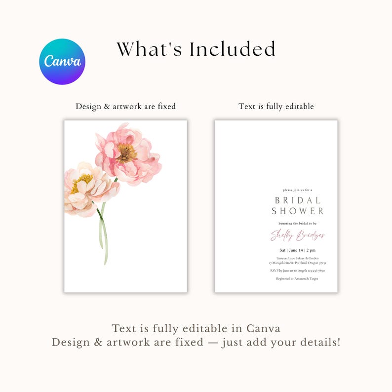 Pu&ograve; includere: Un design di invito per un addio al nubilato con fiori ad acquerello nei toni del rosa e del crema. L'invito include il testo "BRIDAL SHOWER" e i dettagli dell'evento. Il design &egrave; completamente modificabile in Canva.
