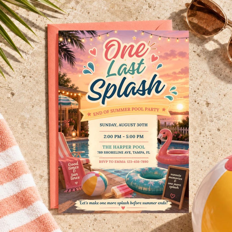 May include: A rectangular invitation card titled One Last Splash featuring a sunset pool party scene with a pink flamingo float, a teal pool ring, a beach ball, and text details for Sunday, August 30th at The Harper Pool, 789 Shoreline Ave, Tampa, FL.