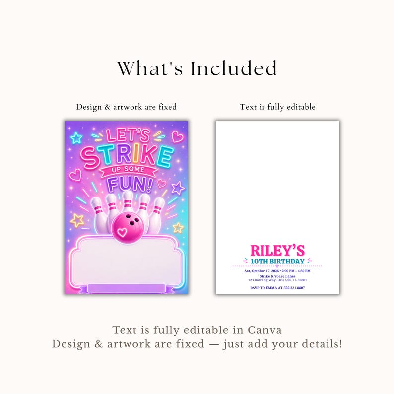 May include: A digital invitation template featuring a purple and blue gradient background with neon-style text reading LET'S STRIKE UP SOME FUN, bowling pins, a pink bowling ball, and a blank text box, alongside a white card with editable party details.
