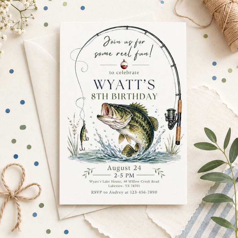 Fishing Birthday Invitation Template, Any Age Reel Fun Birthday Party Invite, Bass Fishing Birthday, Boy Birthday Canva Template image 6