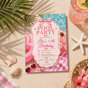 May include: A rectangular pool party invitation card featuring a pink scalloped frame with a satin bow at the top. The text reads: POOL PARTY, YOU'RE INVITED TO Lila's 12th Birthday, SATURDAY, JULY 13, 1:00 PM - 5:00 PM, PINK PALMS POOL CLUB, 246 SUNSET LANE, BEVERLY HILLS, CA, WEAR YOUR CUTEST SWIMSUIT, SWEET TREATS, SWIMMING, BESTIE VIBES, RSVP TO EMMA, (555) 482-7618.