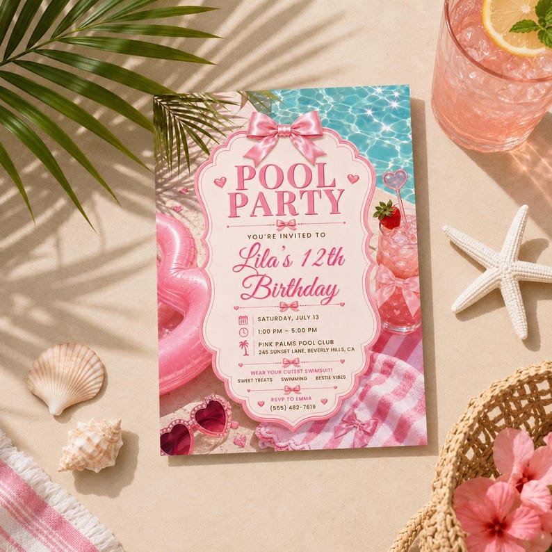 May include: A rectangular pool party invitation card featuring a pink scalloped frame with a satin bow at the top. The text reads: POOL PARTY, YOU'RE INVITED TO Lila's 12th Birthday, SATURDAY, JULY 13, 1:00 PM - 5:00 PM, PINK PALMS POOL CLUB, 246 SUNSET LANE, BEVERLY HILLS, CA, WEAR YOUR CUTEST SWIMSUIT, SWEET TREATS, SWIMMING, BESTIE VIBES, RSVP TO EMMA, (555) 482-7618.
