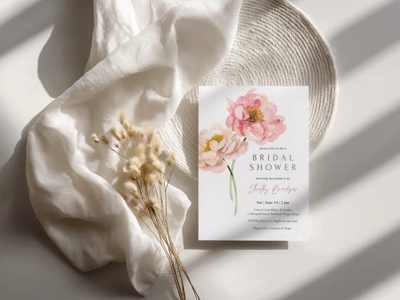 Peony Bridal Shower Invitation Template Canva, Floral Bridal Shower Invite, Watercolor Peony Bridal Shower Printable, Instant Download 5x7