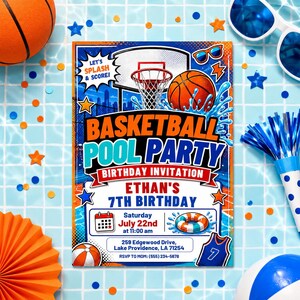 Basketball Pool Party Invitation, Sports Pool Party Invite Boys Birthday, Editable Canva, Swimming Basketball Party, Digital Download image 5