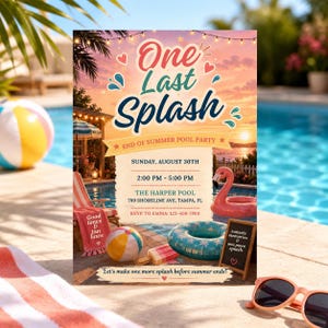 May include: A pool party invitation flyer titled One Last Splash, featuring a sunset background, a pink flamingo float, a beach ball, and a pool. Text includes Sunday, August 30th, 2:00 PM - 5:00 PM, The Harper Pool, 789 Shoreline Ave, Tampa, FL, and RSVP to Emma.