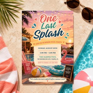 May include: A rectangular pool party invitation card featuring a sunset background, string lights, and the text One Last Splash. The design includes a pink flamingo float, a blue pool ring, a beach ball, and event details for The Harper Pool.