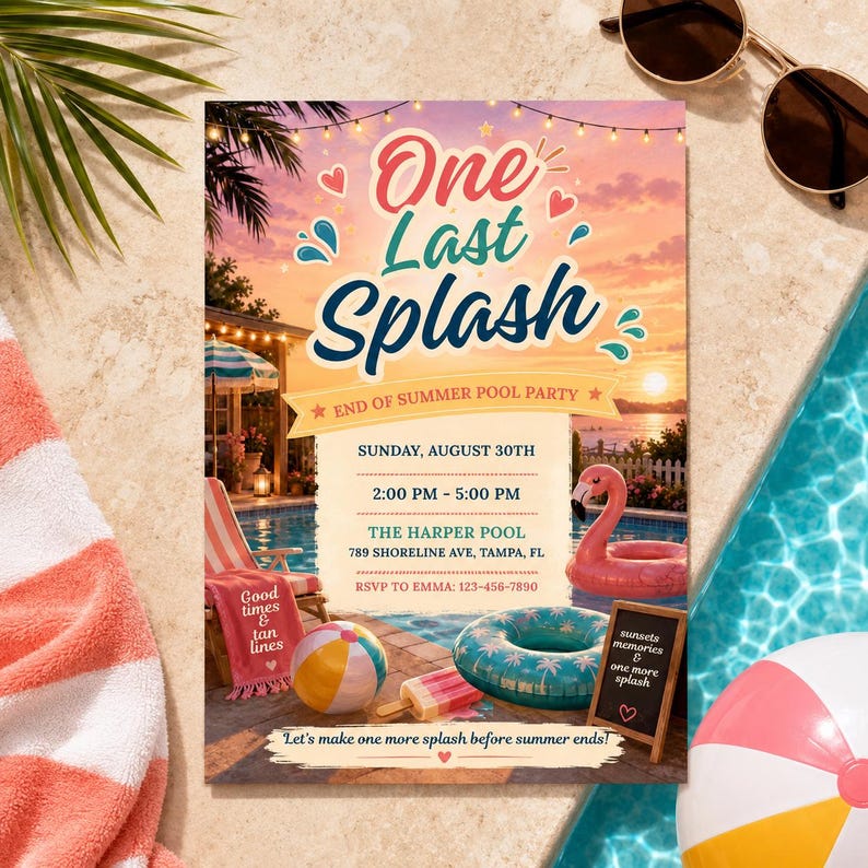 May include: A rectangular pool party invitation card featuring a sunset background, string lights, and the text One Last Splash. The design includes a pink flamingo float, a blue pool ring, a beach ball, and event details for The Harper Pool.