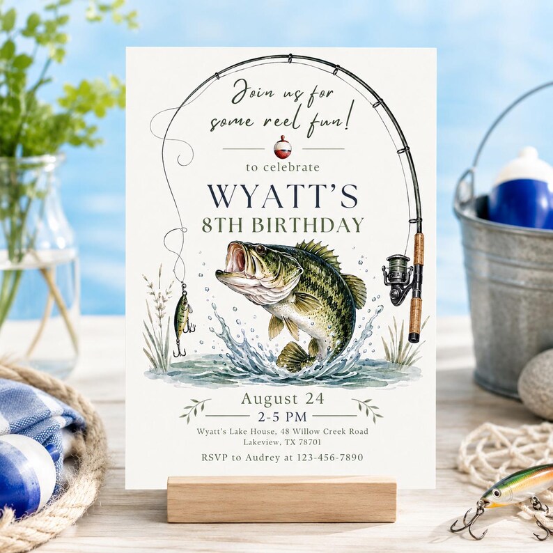 Fishing Birthday Invitation Template, Any Age Reel Fun Birthday Party Invite, Bass Fishing Birthday, Boy Birthday Canva Template image 7