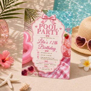 May include: A rectangular pool party invitation card featuring a pink bow at the top, with text reading POOL PARTY, Lila's 12th Birthday, Saturday July 13, 1:00 PM - 5:00 PM, Pink Palms Pool Club, 245 Sunset Lane, Beverly Hills, CA, and RSVP to Emma.