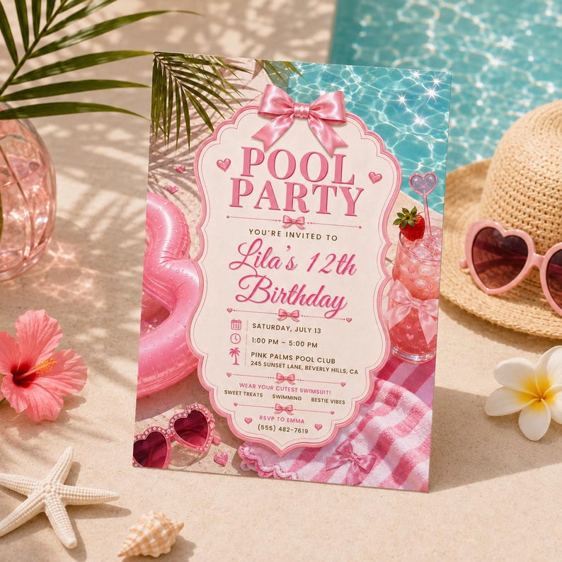 May include: A rectangular pool party invitation card featuring a pink bow at the top, with text reading POOL PARTY, Lila's 12th Birthday, Saturday July 13, 1:00 PM - 5:00 PM, Pink Palms Pool Club, 245 Sunset Lane, Beverly Hills, CA, and RSVP to Emma.