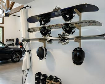 Ski & Snowboard Rack, Wooden Wall Mount Display and Storage