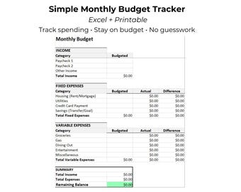 Suivi budgétaire mensuel simple | Feuille de calcul budgétaire Excel + Feuilles budgétaires imprimables | Suivi des dépenses