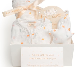 Boîte bébé souvenir personnalisée | Coffret cadeau nouveau-né en mousseline de coton neutre