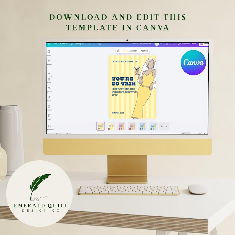 May include: A computer monitor displays a Canva template for a bachelorette party invitation. The design features a yellow and white striped background with a line drawing of a woman in a yellow dress holding a cocktail. Text includes "You're So Vain" and "Cassie's Bachelorette."