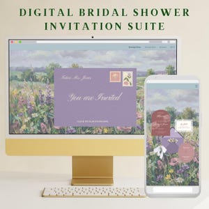 May include: A digital bridal shower invitation suite displayed on a computer monitor and a smartphone. The invitation features a lavender envelope design with the text "You are Invited". The text "DIGITAL BRIDAL SHOWER INVITATION SUITE" is at the top.