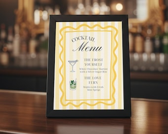 Como Perder Seu Sobrenome em 3 Dias | Cardápio de Bar para Despedida de Solteira | Modelo Editável em Canva com Listras Amarelas | Decore-se com Coquetéis e Ame a Samambaia