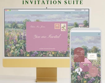 Conjunto de convites digitais personalizáveis "Amor Rosa em Flor" | Chá de Panela, Noivado, Save the Date | Modelo Canva para Site