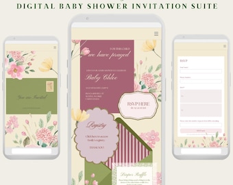Conjunto de convites digitais florais personalizáveis para chá de bebê | Modelo para site no Canva