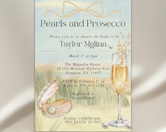 Convite para Chá de Panela com Tema de Pérolas em Aquarela e Prosecco - Modelo Editável - Chá de Panela Elegante com Tema Litorâneo