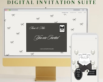 Conjunto de convites digitais personalizáveis para casamento | Modelo elegante com laço para site no Canva