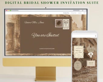 Conjunto de convites digitais personalizáveis "O Amor Está a Caminho" | Chá de Panela, Festa de Noivado | Modelo Canva para Café com Tema de Aquarela Marrom