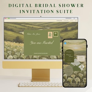 May include: A digital bridal shower invitation suite displayed on a computer monitor and a smartphone. The invitation features a green envelope design with the text "You are Invited" and floral stamps. The background is a landscape painting.