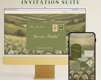 Conjunto de convites digitais personalizáveis com lírios-de-cala | Chá de panela, noivado, Save the Date | Verde musgo, elegante | Modelo de site Canva