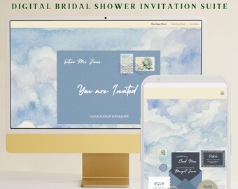 Conjunto de convites digitais personalizáveis para chá de panela "Nas Nuvens 9" | Modelo Canva em aquarela azul acinzentada