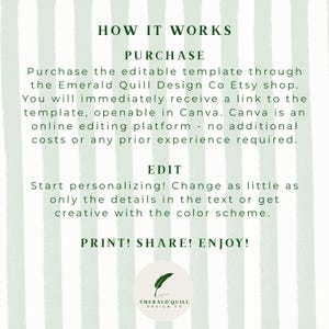 May include: A light green and white graphic with text that reads "HOW IT WORKS". The text explains how to purchase, edit, and print a template from the Emerald Quill Design Co Etsy shop. The bottom of the graphic features the Emerald Quill Design Co logo.
