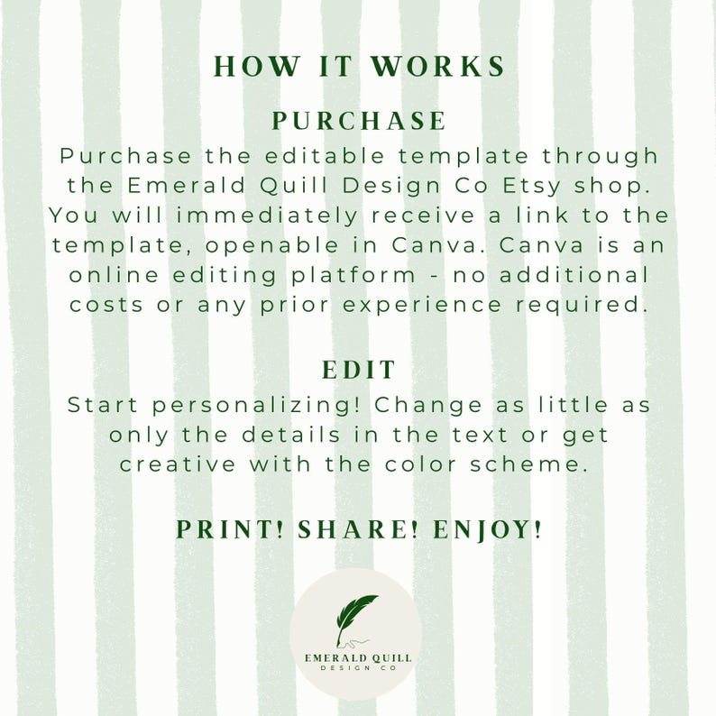 May include: A light green and white graphic with text that reads "HOW IT WORKS". The text explains how to purchase, edit, and print a template from the Emerald Quill Design Co Etsy shop. The bottom of the graphic features the Emerald Quill Design Co logo.