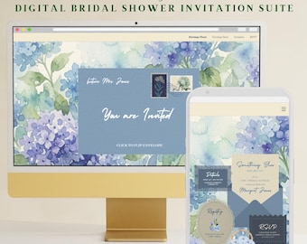 Conjunto de convites digitais personalizáveis para chá de panela "Algo Azul Antes do Casamento" | Modelo Canva com aquarela de hortênsias em tons de azul acinzentado