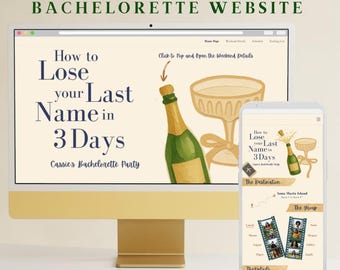 Como perder seu sobrenome em 3 dias: Site de despedida de solteira | Detalhes e programação do fim de semana | Modelo de site no Canva