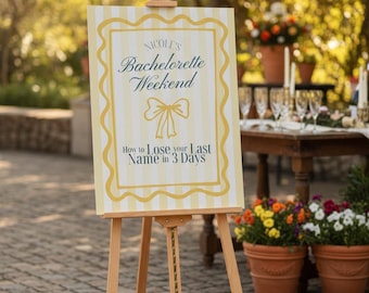 Como Perder Seu Sobrenome em 3 Dias - Pôster Imprimível para Despedida de Solteira | Placa de Boas-Vindas Listrada em Amarelo Canário | Modelo Editável do Canva