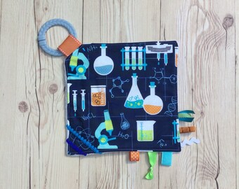 Scientist baby lovey, tag blanket, sensory toy, baby toy, crinkle toy, handmade, baby shower gift, minky baby, chemist, physicist, lab tech