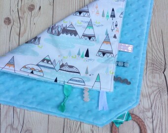 Teepee baby blanket, sensory lovey, tag blanket, sensory toy, wanderlust, boho baby, crinkle toy, handmade, baby shower gift, baby girl gift