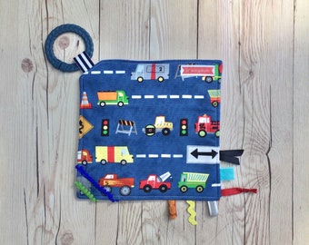 Construction baby lovey, tag blanket, sensory toy, baby toy, crinkle toy, handmade, baby shower gift, minky baby, road worker, vehicles baby