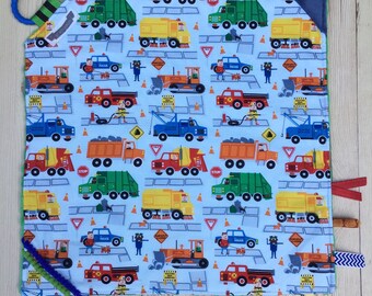 Vehicles baby lovey, tag blanket, sensory toy, baby toy, crinkle toy, handmade, baby shower gift, minky baby, road worker, police, fireman