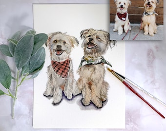 Hand Painted Custom Pet Portrait - 9x12 watercolor - 2 pets