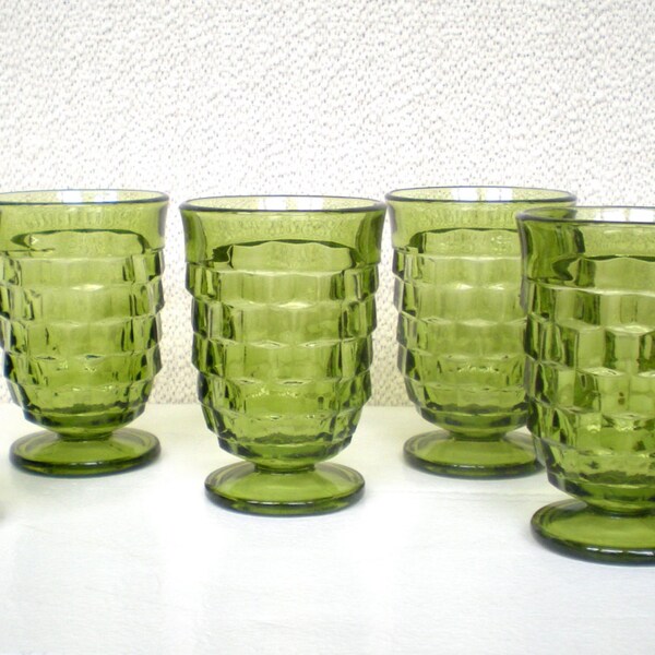 Set of 6 Juice Glasses  ~  Green Indiana Whitehall  ~  Bar Cart Glass Lot of Six Cut Faceted Footed do Pedestal GREEN Glasses