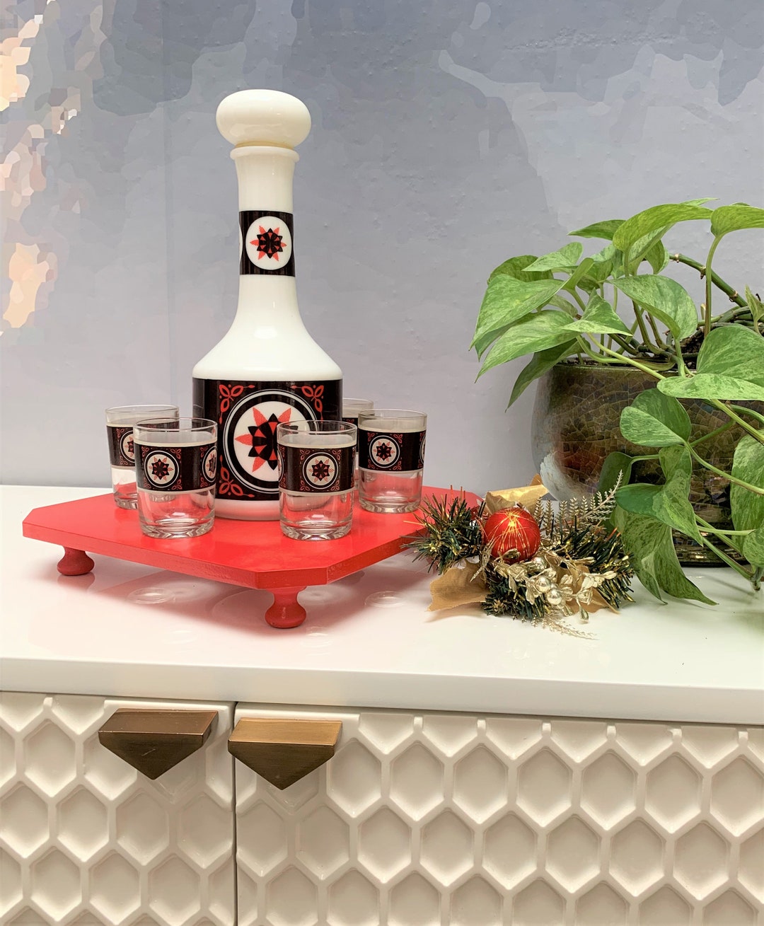 MCM Decanter Set With Red Wooden Base 6 Glasses Brandy Etsy