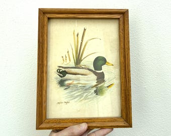 Cuadro decorativo vintage de pato, litografía de pato de Stephen Gayford enmarcada en un marco rústico de madera de 8" x 6", tal cual.