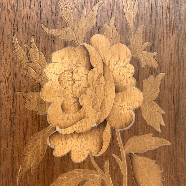 Wooden Carved Flower Wall Plaque, Rose Peony Cut into Wood ART wall, Marquetry Art Wall Hanging Vintage Carving Inlay, Sweet Gift Housewarm