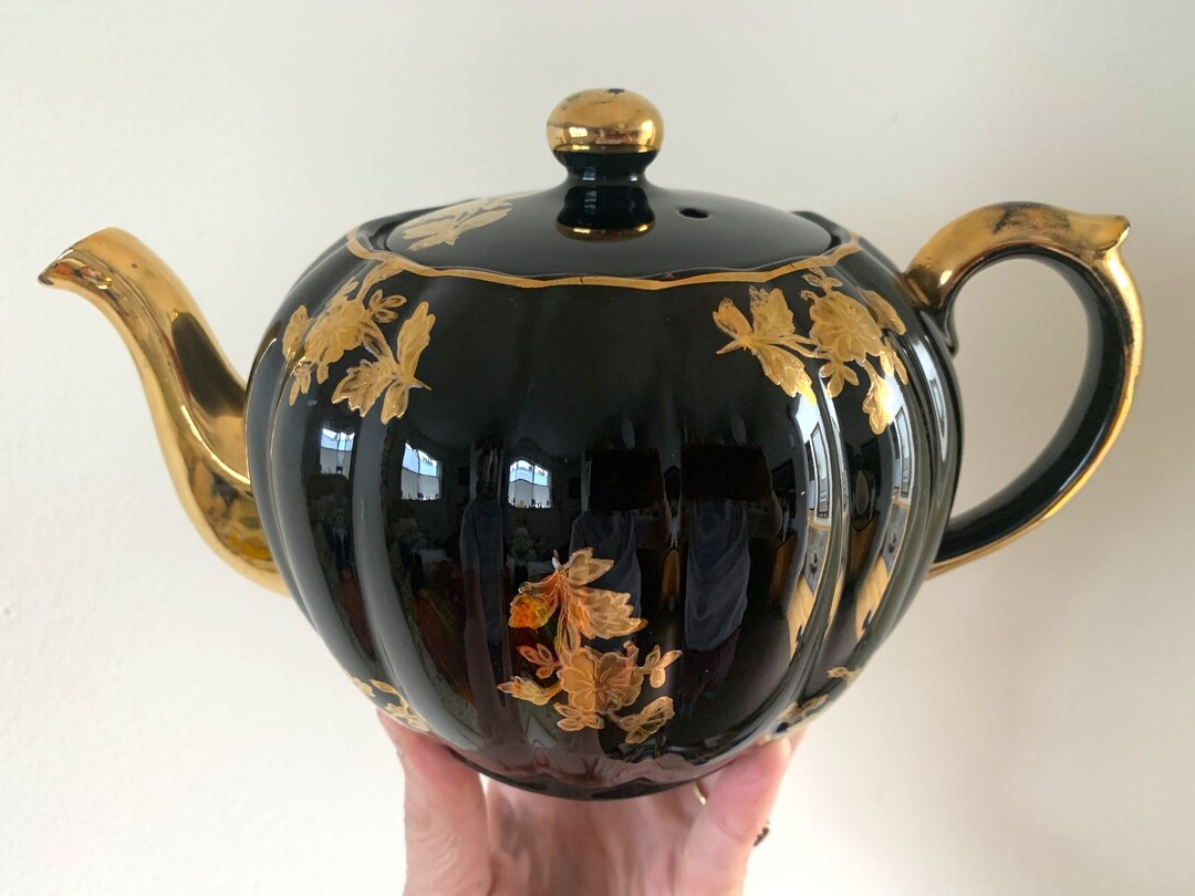 Vintage Gibson Teapot BLACK GOLD Floral Teapot Teapot From Etsy
